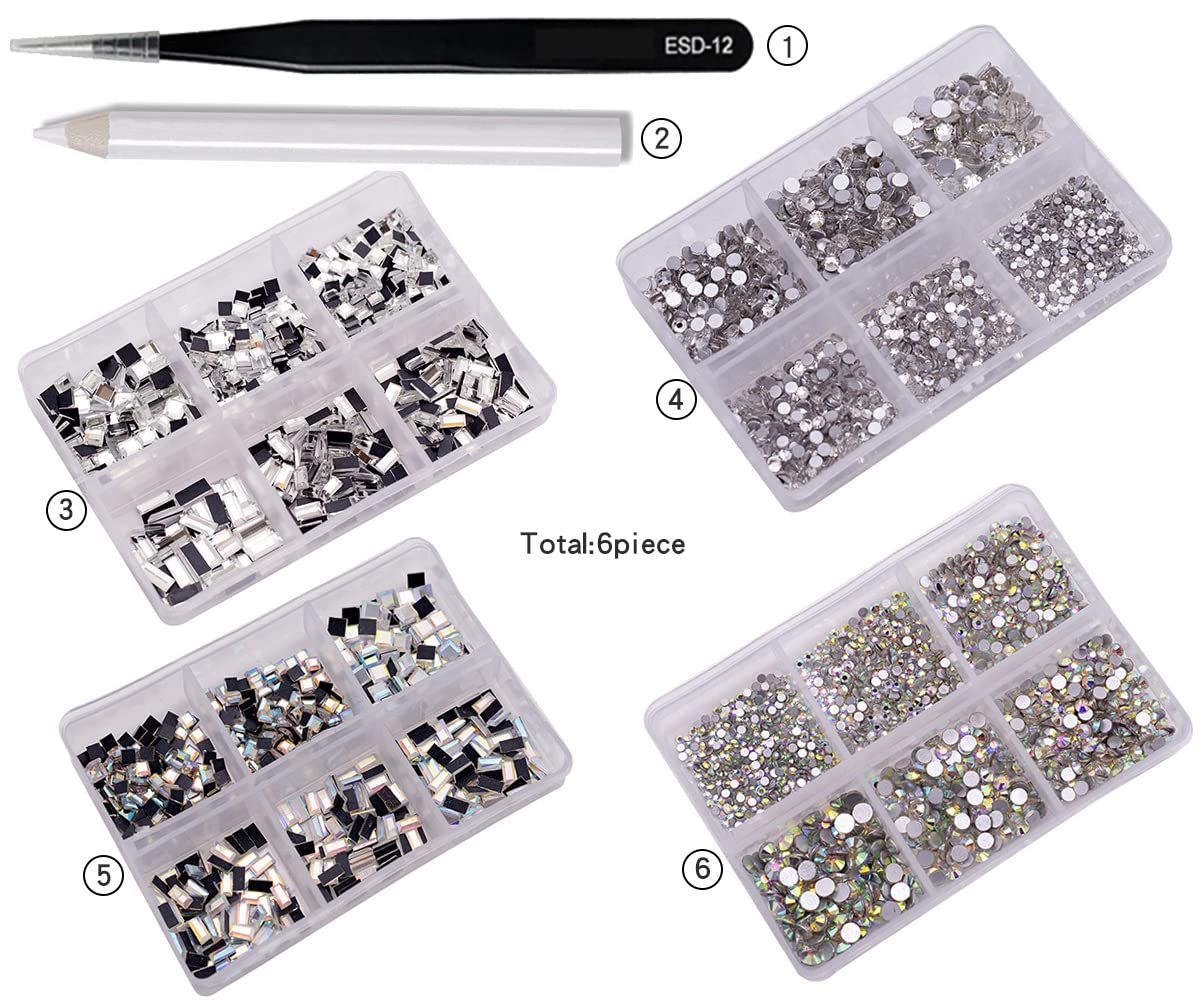 MIKOWEN Nail Art Rhinestones K9 Glass Crystal Iridescent AB Clear Flatback Diamonds for Round &Square Gems Stones Constitute in 6 Mixed Sizes Jewels Set for Nail Design Multiple 2920PCS PenTweezers