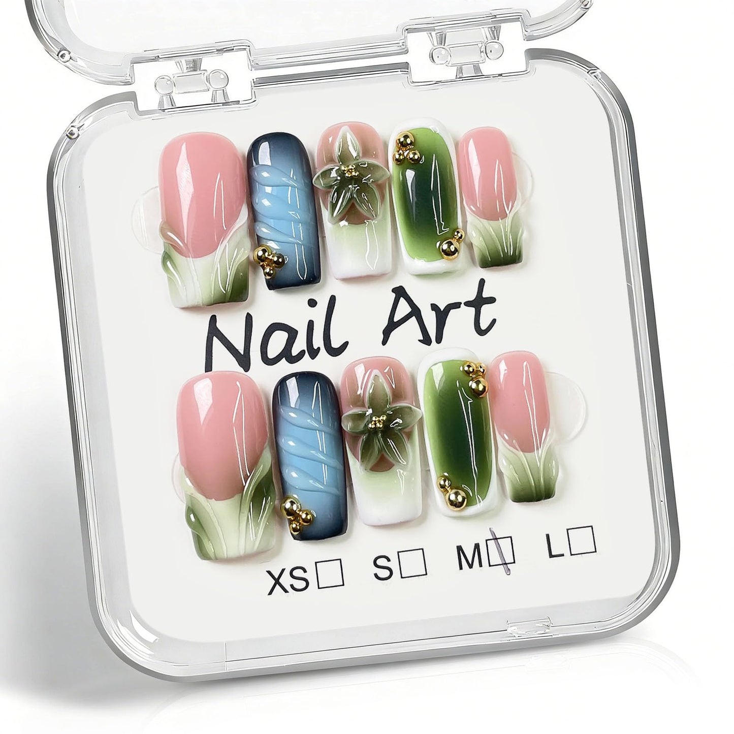 10 Pcs Handmade Press on Nails Medium Square Fake Nails with 3D Flower French Tip Design Green Acrylic False Nails M Size Press Ons Nails Square for Women
