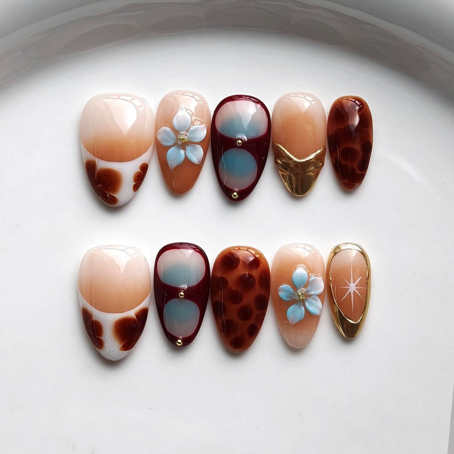 French Tip Press on Nails Handmade Short Almond 3D Thick Acrylic Nails False Nails with Tortoiseshell Flower Gold Ball Starlight Gradient Designs Glossy Fake Nail Sturdy Art Press on Nail 10Pcs(S)