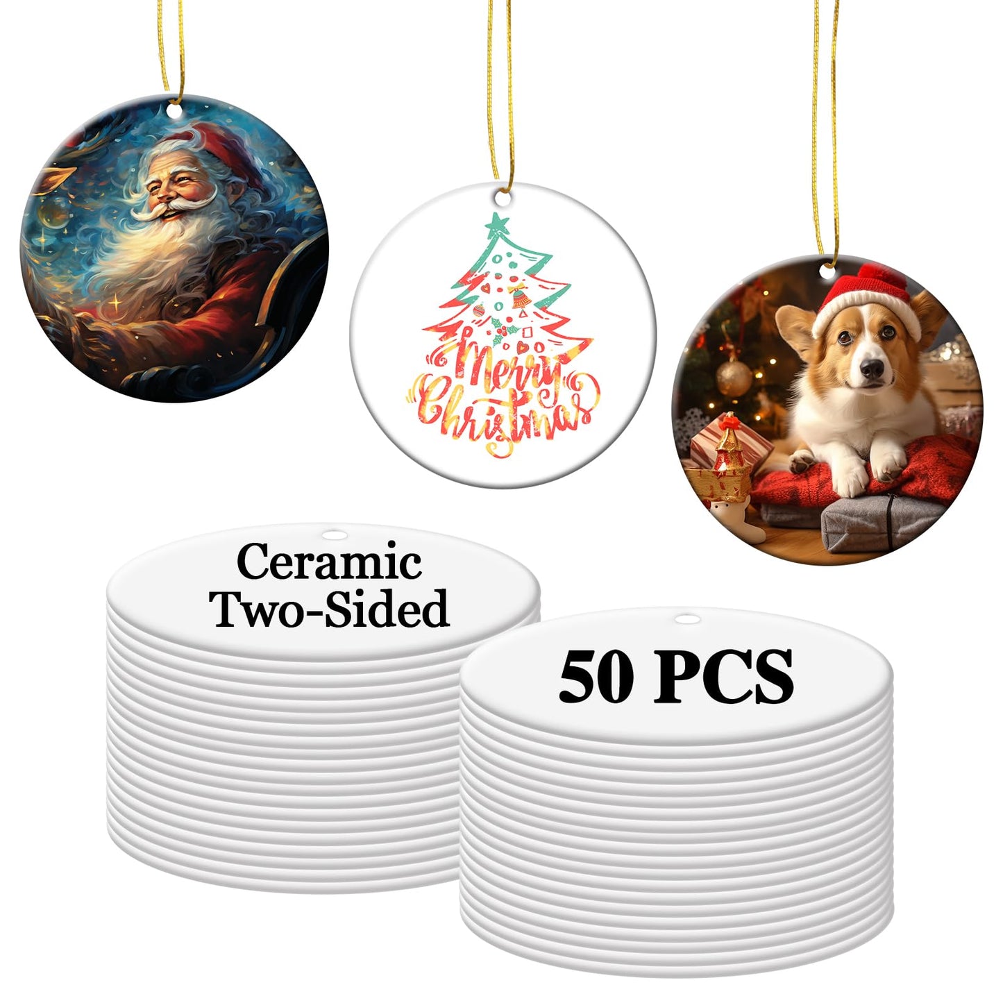 50 PCS Sublimation Ceramic Ornament Blank Round Two-Sided Printed White Ceramic Decoration Handmade DIY Personalized Christmas Home Decoration Bulk 3 inch