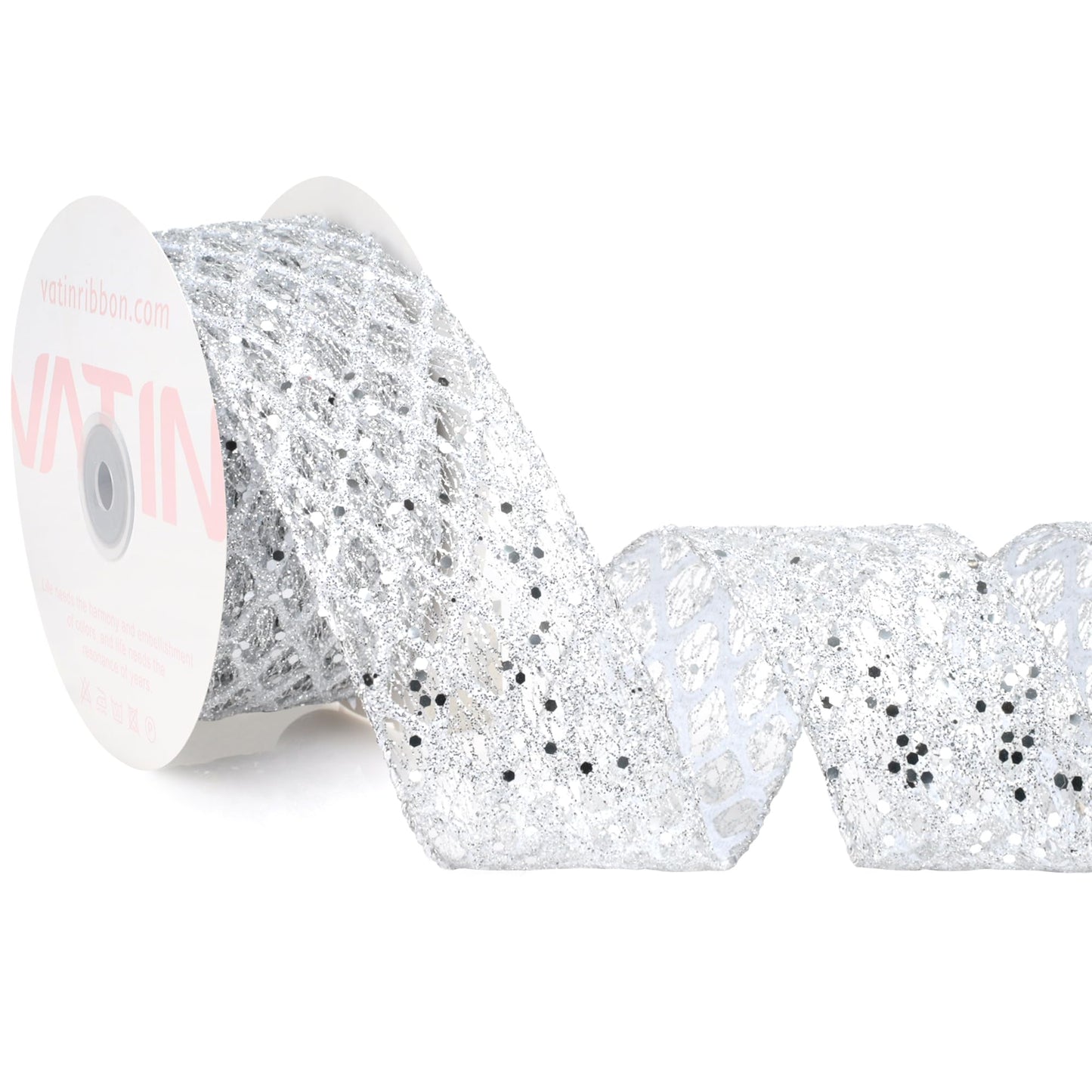 VATIN 2-1/2" Silver Christmas Ribbon, Silver Glitter Mesh Diamond Web Sequin Dots Wired Christmas Ribbon for Gift Wrapping Bow Making Wreath Supply-10 Yards