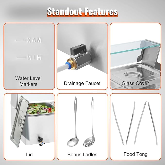VEVOR 3-Pan Commercial Food Warmer, 3 x 8QT Electric Steam Table with Glass Cover, 1500W Countertop Stainless Steel Buffet Bain Marie 86-185°F Temp Control for Catering, Restaurants, Silver
