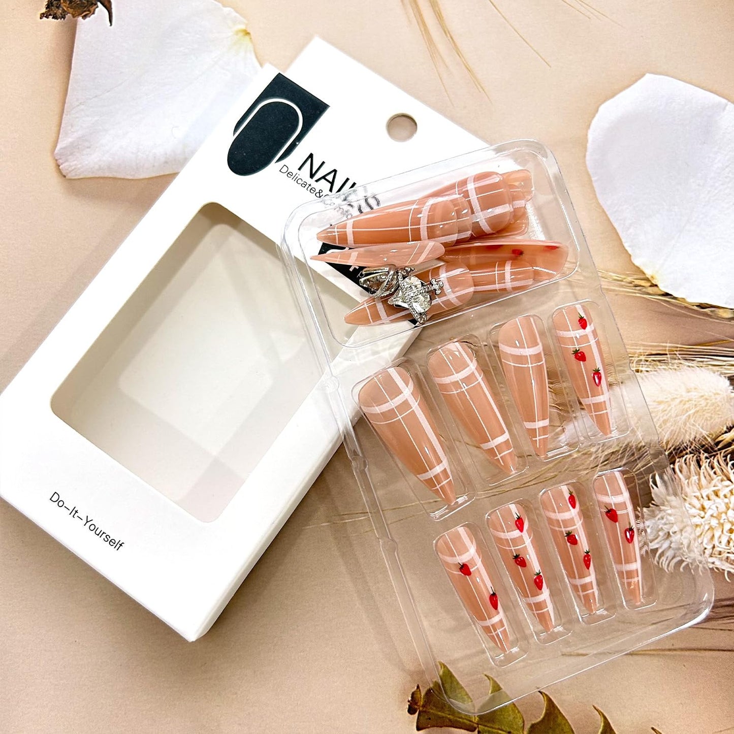 24Pcs Almond Tip Press on Nails Long Length Strawberry Pattern Design Lattice False Nail Silver Rhinestones Stick on Nail Full Cover Glossy Reusable Artificial Acrylic Nail Glue on Nails for Women