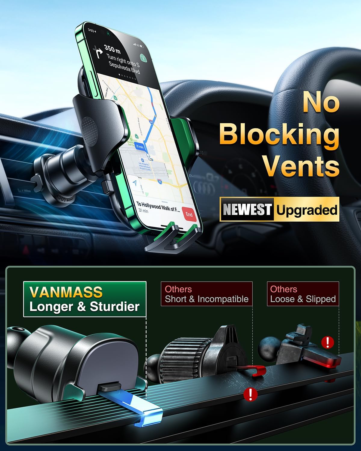 VANMASS [Longest Lasting] True Military-Grade Car Phone Holder Strongest Suction & Clip Cell Mount Dashboard Windshield Vent Automobile Cradle Truck Accessories for iPhone 16 15 Pro Max 14 13 Android