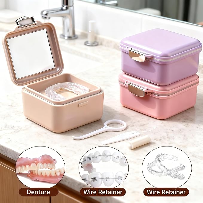 Denture Bath Case, Denture Soaking Container Denture Cup Soaking Holder Mouth Guard Denture Box Denture Baths Cleaning with Lid Waterproof （Purple）