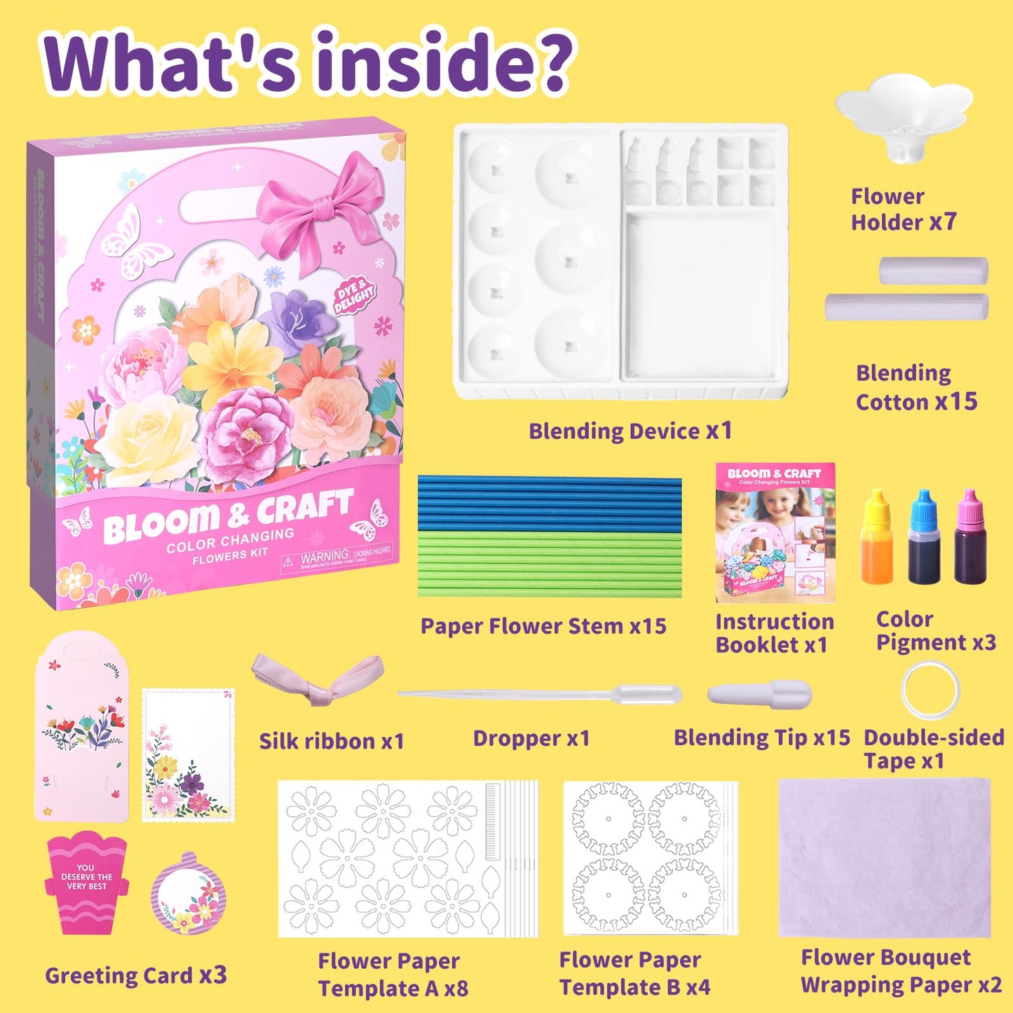 whatstem Creative Color-Changing Paper Flower Kit for Kids – DIY Flower Marking Kit Toys, Art & Science Craft Gift for Ages 6 7 8 9 10 11 12