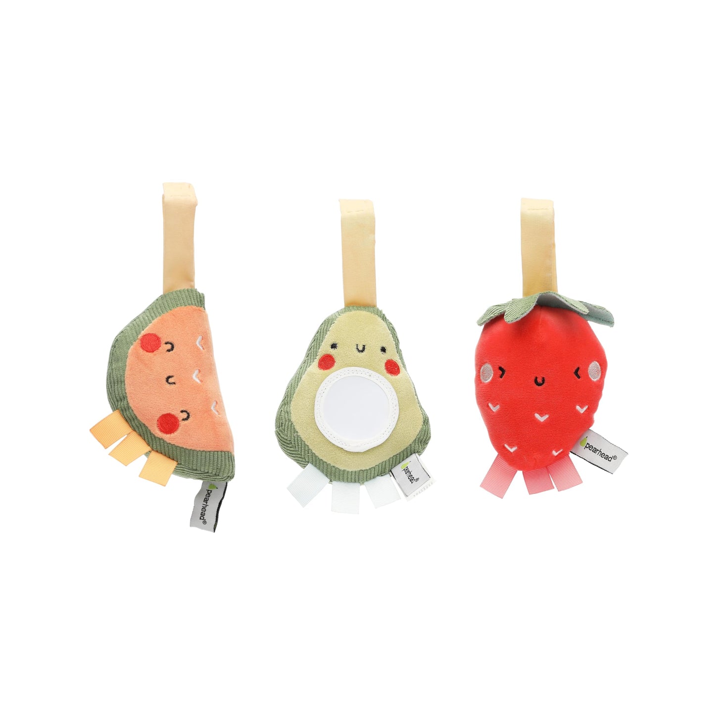 Pearhead Fruit Stroller Toys, Stocking Stuffers for Babies, Newborn Ideas, Plush Interactive Toy Set for Baby Car Seat with Hanging Mirror, Strawberry Avocado Watermelon, Set of 3