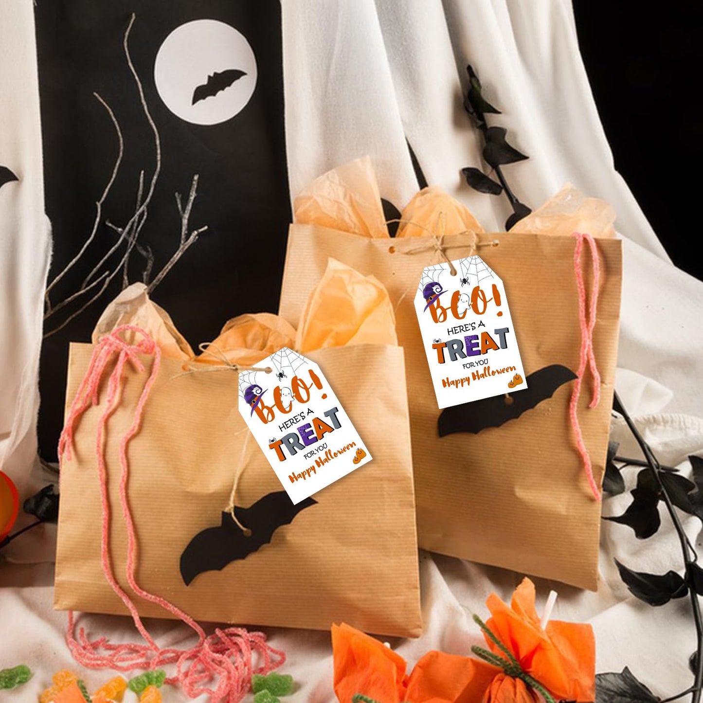 Anwyll 50 Pcs Halloween Tags with String + 60Pcs Halloween Name Gift Tags Stickers