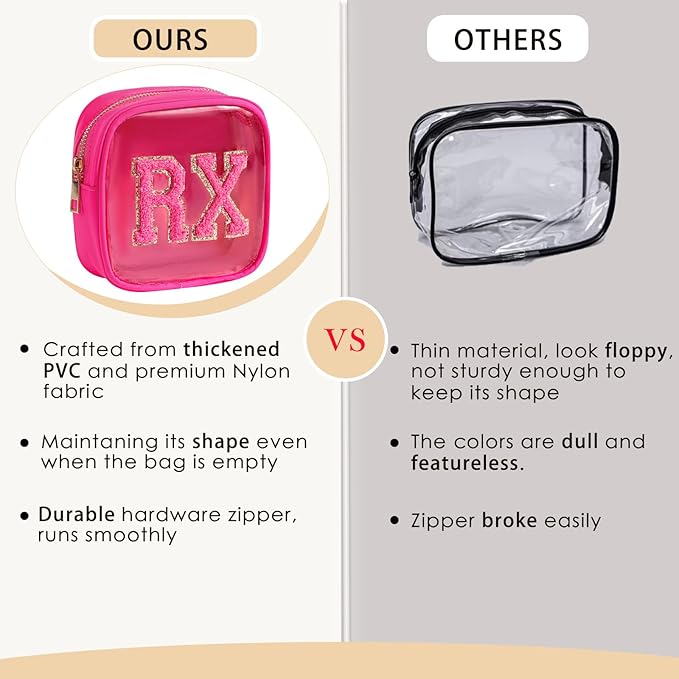 Small Chenille Letter Clear Medicine Makeup Bags,Nylon PVC Waterproof Rx Pouch with Metal Zipper, Cute Drug First Aid Travel Organizer for Women Girls(02Hot Pink)