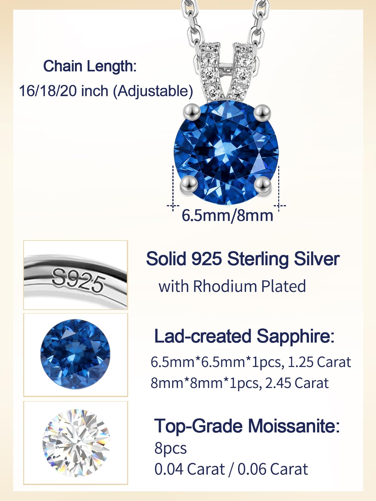 CYW Blue Sapphire Small Round Necklace for Women 925 Silver Solitaire Pendant Necklace