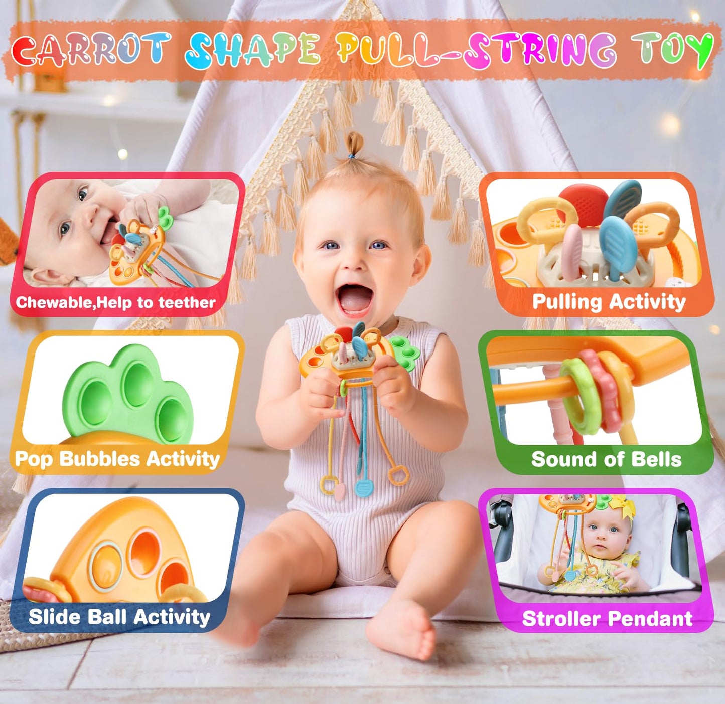 Baby Toys 6 to12 Months, 7 in-1 Montessori Toy for 6-9-12-18 Month Old with Pull String Toy, Sensory Bin Toys, Stacking Baby Blocks & Soft Infant Ring & Sensory Ball, Stacking Cups for Toddler 1-3Gift