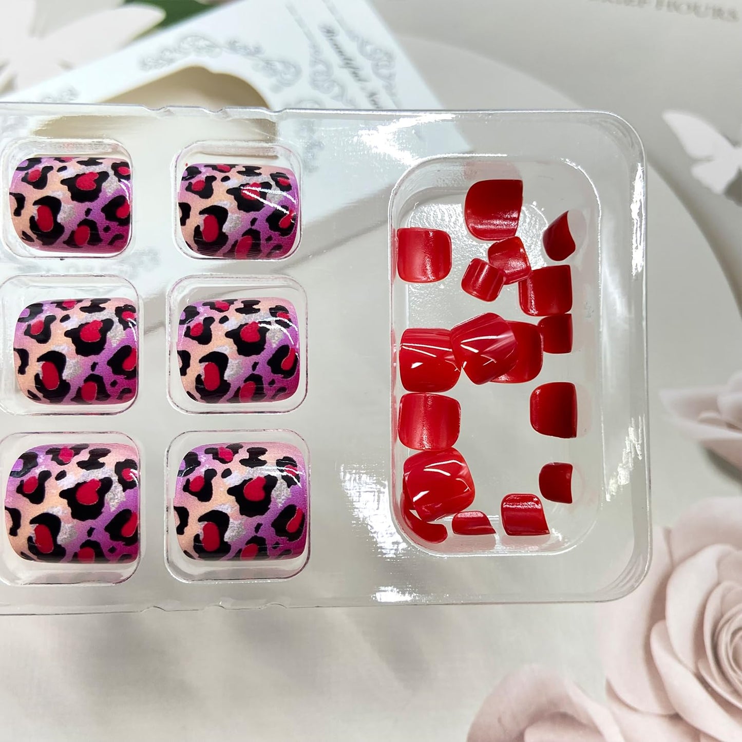 Leopard Print Press on Toenails Summer False Toenails Glossy Red Toe Nails Reusable Full Cover Toe Nails for Women