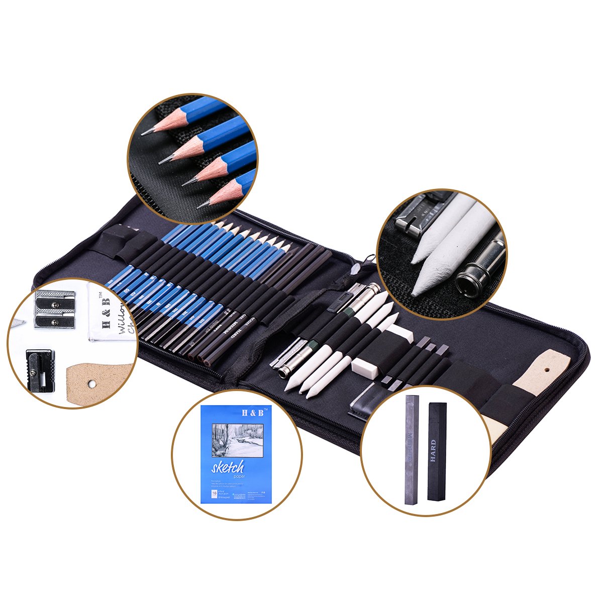 H & B 33 Pieces Drawing Pencils Set, Sketching Pencils Set & Drawing Kit, Includes Sketch Pad, Graphite Pencils, Charcoal Sticks and Eraser, Supplies for Artists/Beginner/Adults