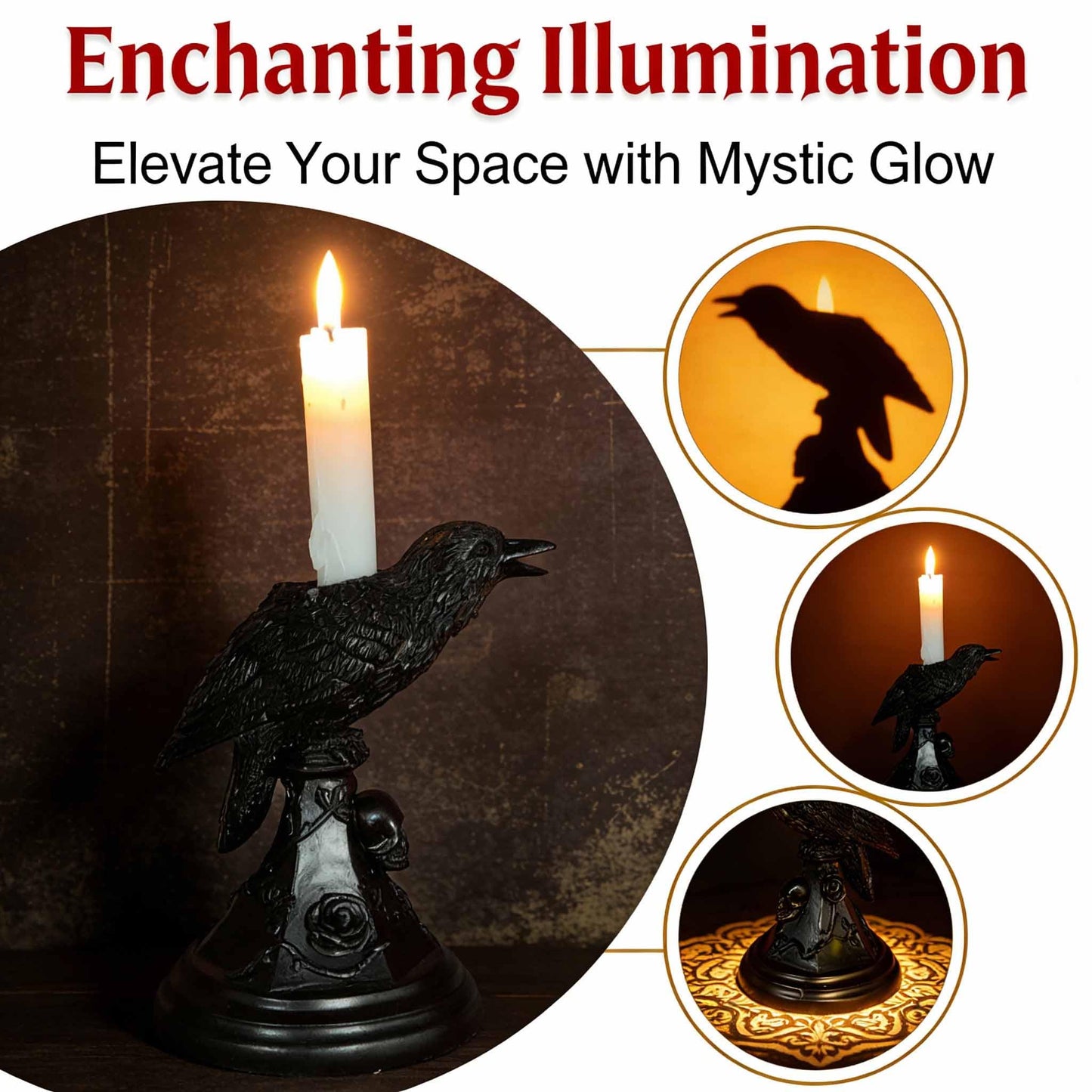 Gothic Decor Halloween Raven Candle Holder Crow Statue – Witchy Occult Home Décor,Skull Spooky Tabletop Furniture(Raven)