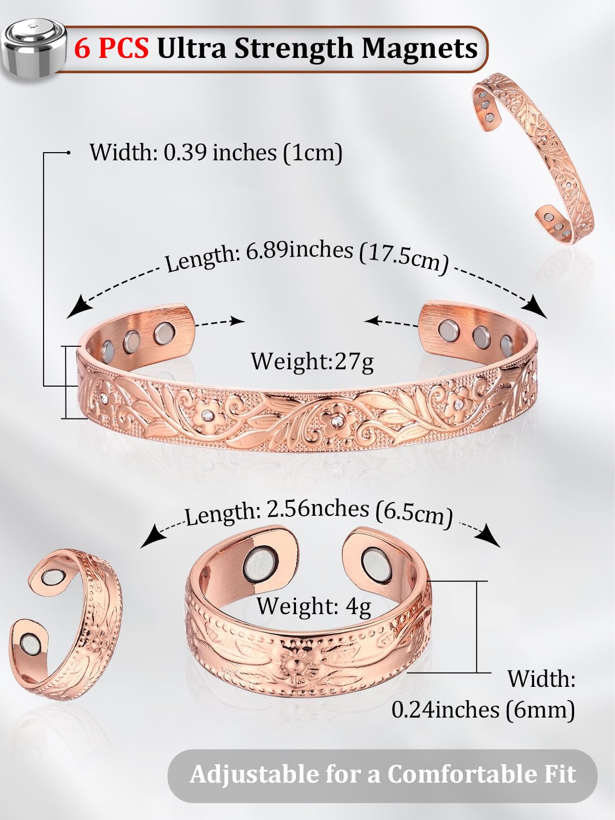 BioMag Copper Bracelet & Ring for Women, 99.99% Pure Copper Magnetic Bracelet Lymphatic Drainage Rings with 3500 Gauss Magnets, Adjustable & Flower Pattern (Rose Gold B)