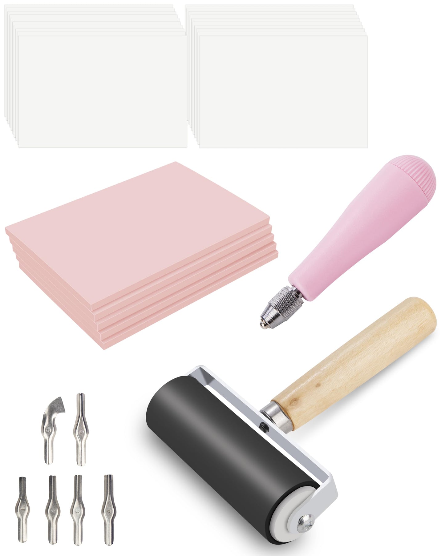 Linocut Tools Kit, Block Printing Kit, Stamp Carving Kit with 5 Soft Rubber Linoleum Blocks 4" x 6", Lino Cutting Tools, Brayer, 20 Transfer Papers, Carving Knife with 6 Blades
