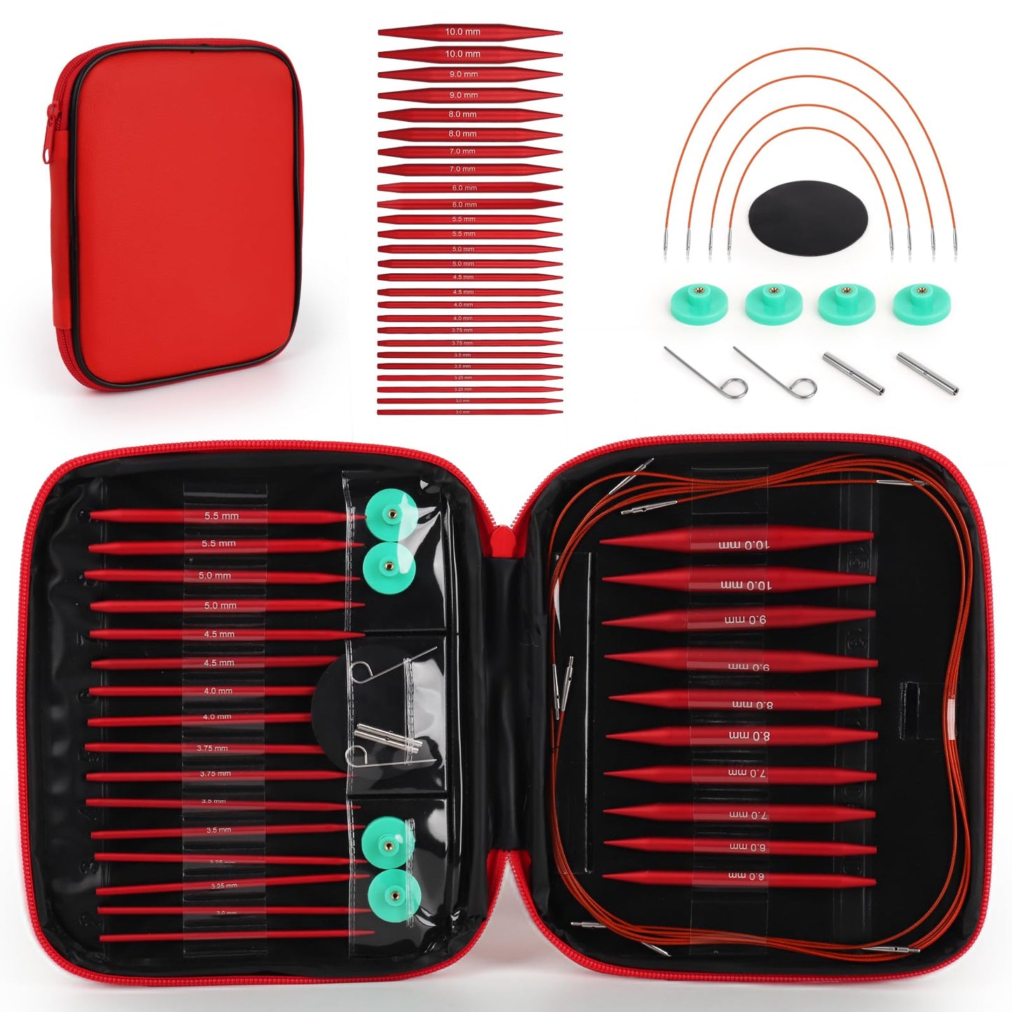 Interchangeable Circular Knitting Needles Set, 13 Pairs (26pcs) Matte Red Aluminum Knitting Needles Kit, Sizes 3.0mm–10.0mm, Knitting Needle Case & Accessories for Knitting Beginners & Advanced