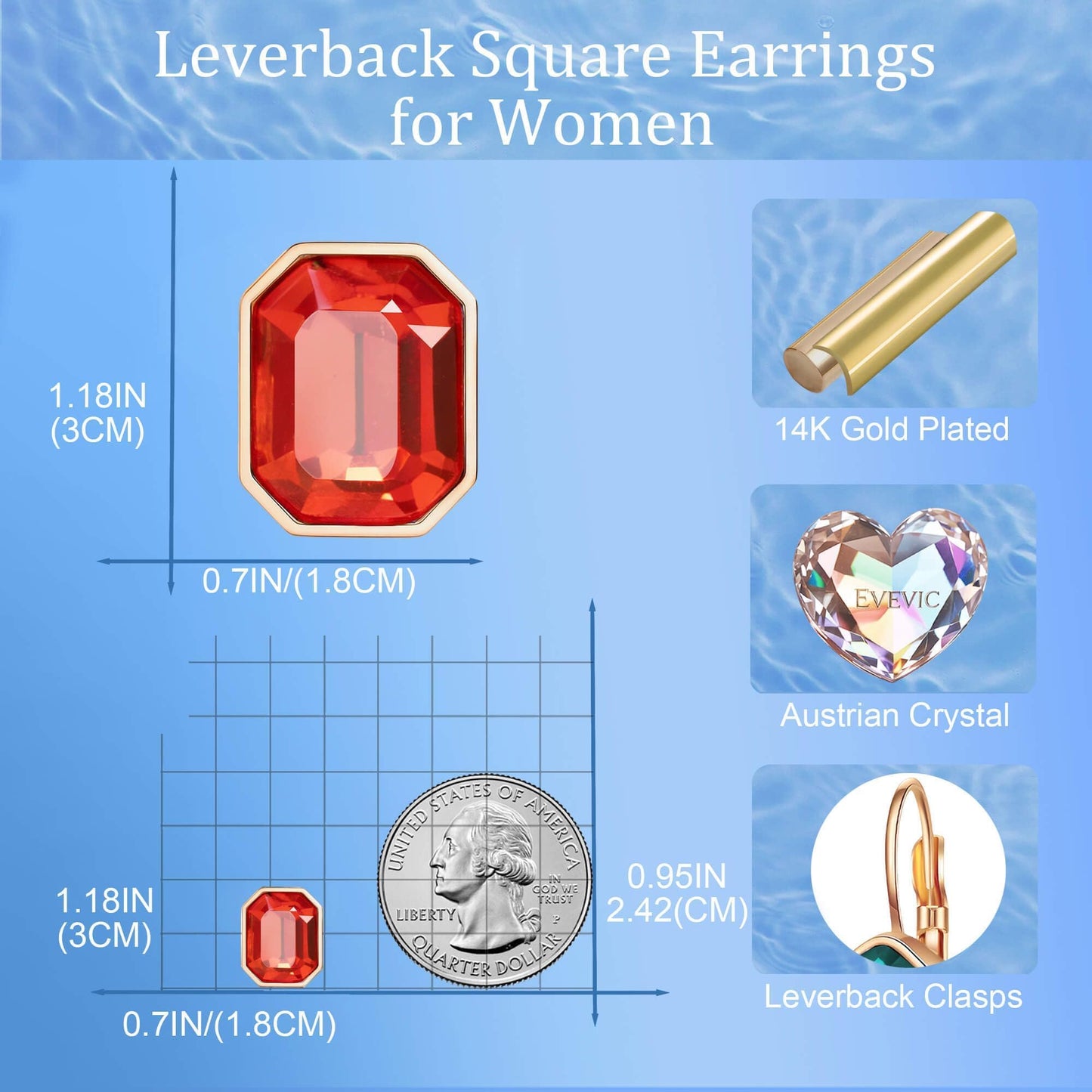 Austrian Crystal Octagon Stud Earrings for Women Fashion 925 Sterling Silver Post Hypoallergenic Jewelry (Red)