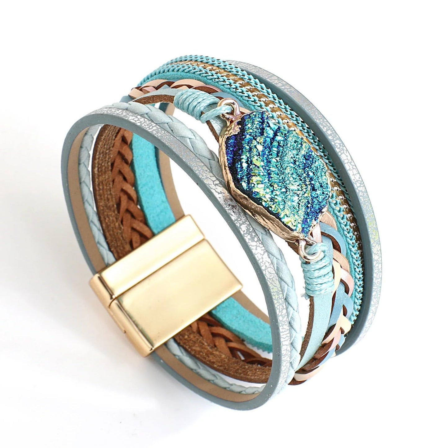 Leopard Bracelet for Women, Boho Leather Wrap Multi-Layer Pearl Crystal Bracelet Bangle Jewelry(Woven Leather(Blue))