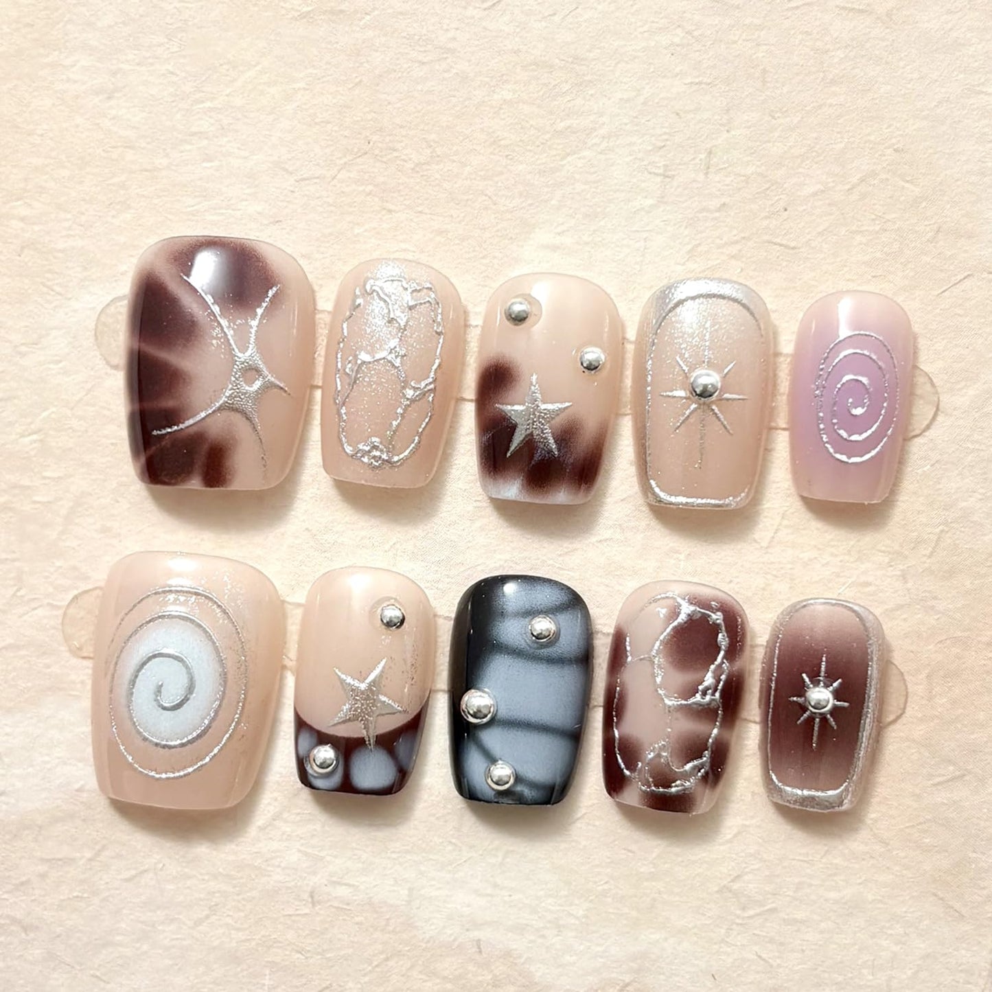 24Pcs Y2K Sweet Press on Nails Short Square Fake Nails Silver Irregular Designs French Nails Tip Stick on Nails Full Cover Artificial Glue on Nails Rhinestones Nail for Women DIY Punk Manicure
