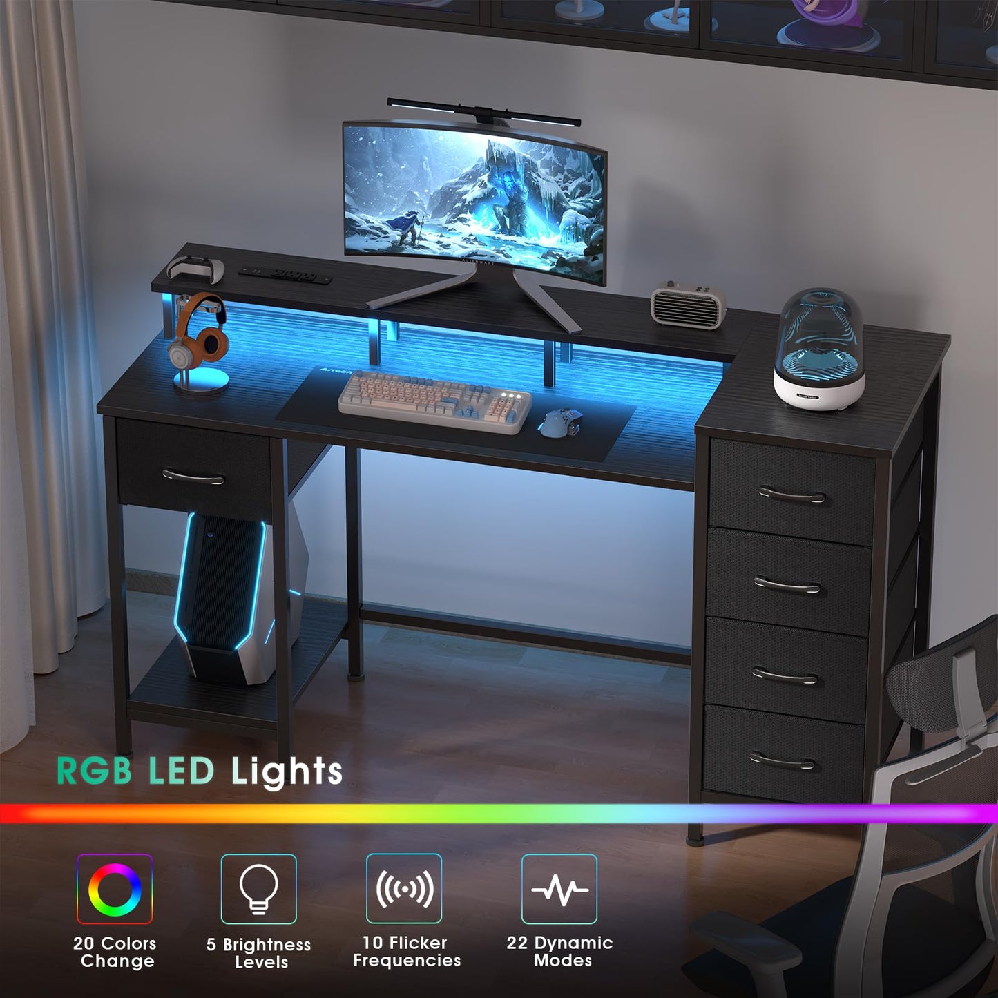 Korfile 47 Inch Gaming Desk with Power Outlets and LED Lights, Reversible Computer Desk with 5 Fabric Storage Drawers, Home Office Desk with Monitor Stand for Working Writing Study, Black