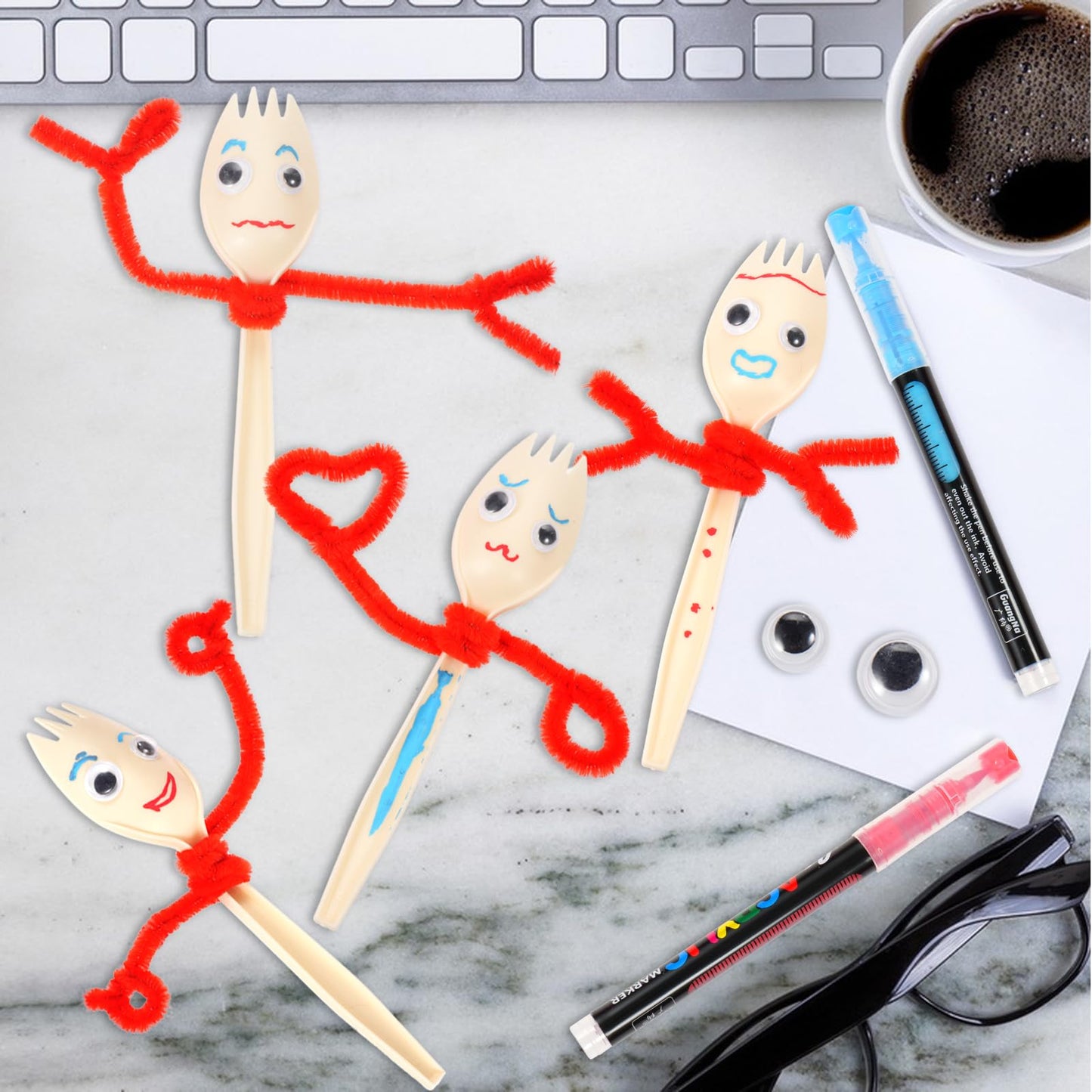 YEXEXINM 100 Sets Fork Craft Kit Disposable Creativity Sporks Fork Creativity Set Include Sporks Red Pipe Cleaners Self Adhesive Wiggle Googly Eyes and Marker Pens,Make Your Own Craft Kit