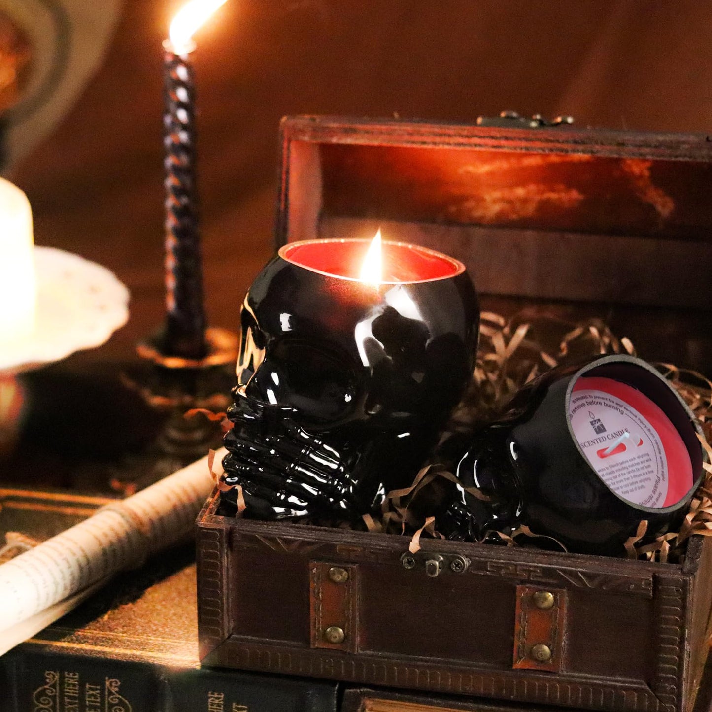 Skull Candle, Halloween Pumpkin Scented Candle 9.5OZ, Horrible Spooky Skeleton Head, Gothic Decor, Indoor Outdoor Halloween Table Centerpiece Decoration, Black