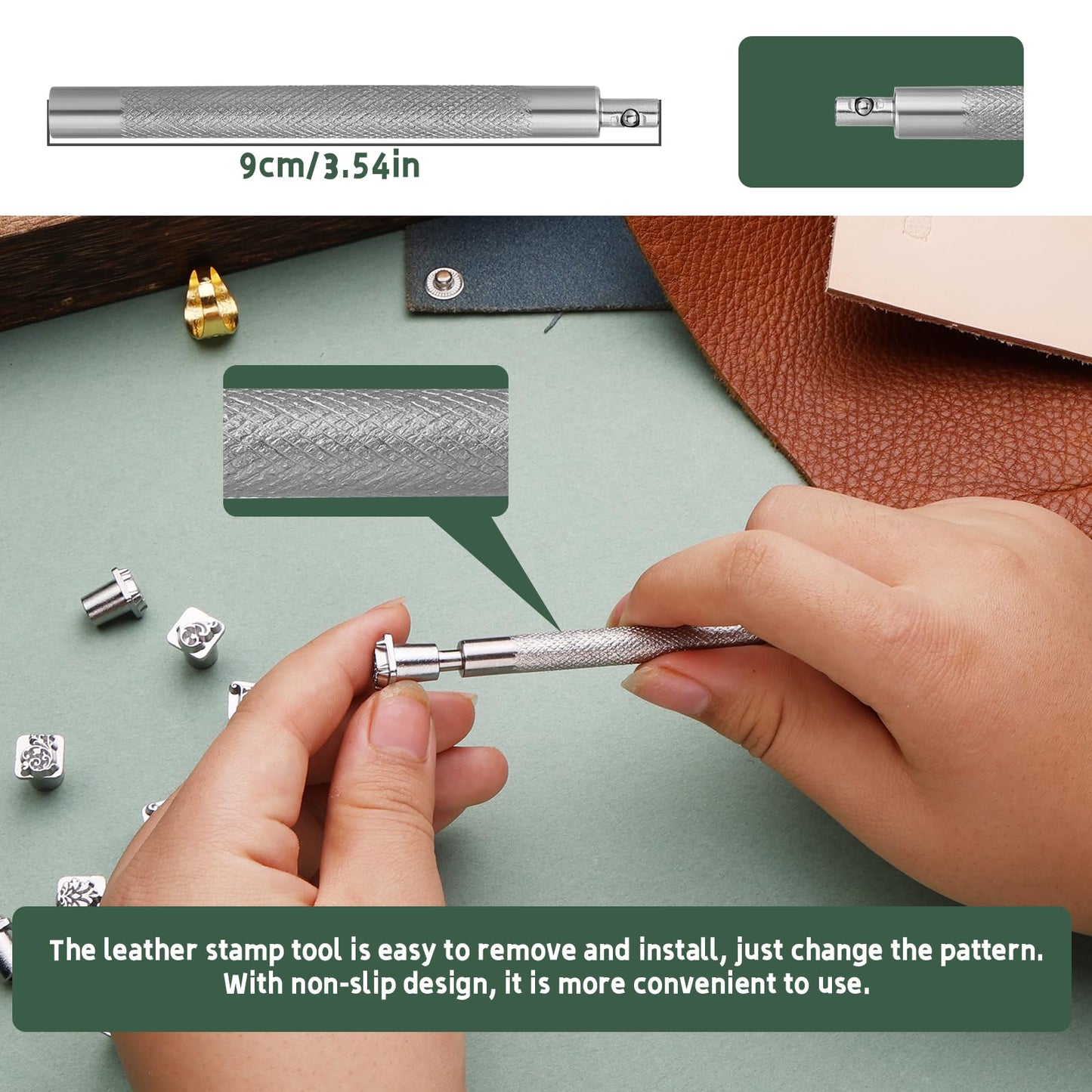 Leather Craft Stamping Tools, Leather Stamping Kit with 12 Tangcao Patterns Stamp and Punch Tools and 25mm Hammer and 3 thimbles for Craft Stamps