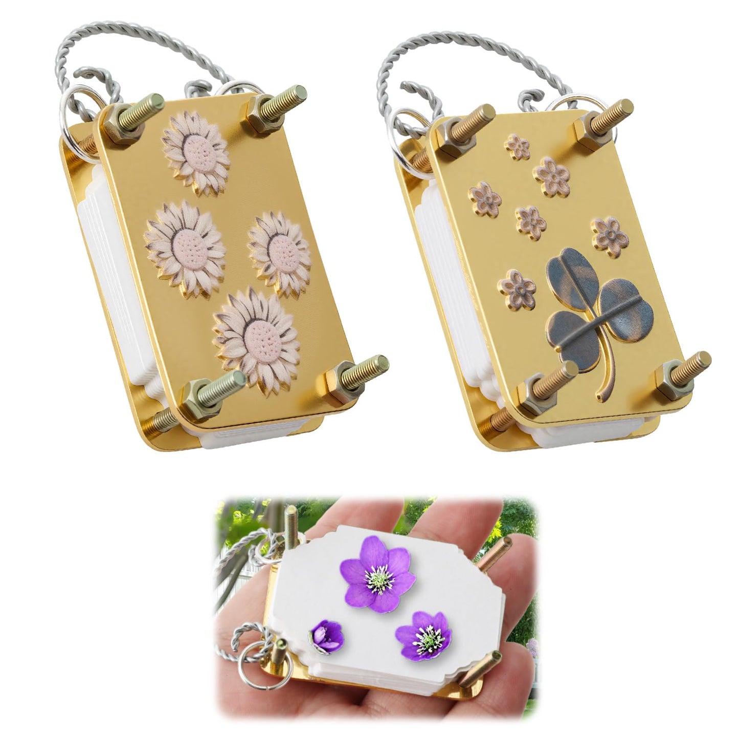 RJLCTH 2 Pcs Micro Flower Press Keychain, Portable Mini Flower Press with 40 Reusable Blotting Papers for Flower Preservation, Resin Art, Journals, Scrapbooking and DIY Botanical Crafts