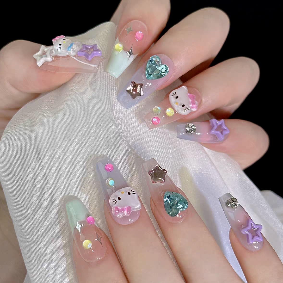 LIFOOST Press on Nails Handmade Fake Nails Medium Coffin Gel Finished False Nails Cute Kawaii Y2K 3D Cartoon Cat Design 10Pcs, Size Small