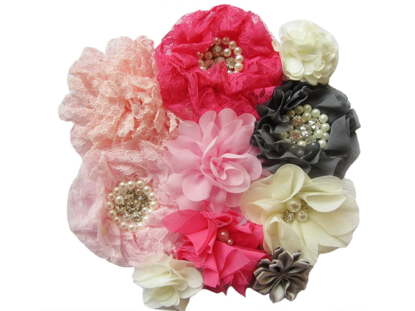 YYCRAFT 40pcs Craft Chiffon Flowers, Handmade Hair Flowers for DIY Headband Kit Bow Kit(Pink/Grey/Ivory)