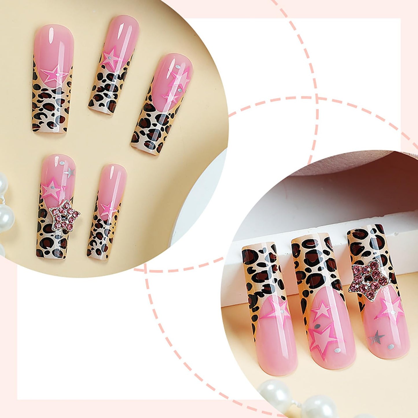 FIEONCIY Press on Nails Long Coffin Shaped Acrylic Glossy Full Cover Long Square French False Nails with Designs Artificial Extra Long Fake Nails with Charms Glue ons Fingernails for Women(XL10256)