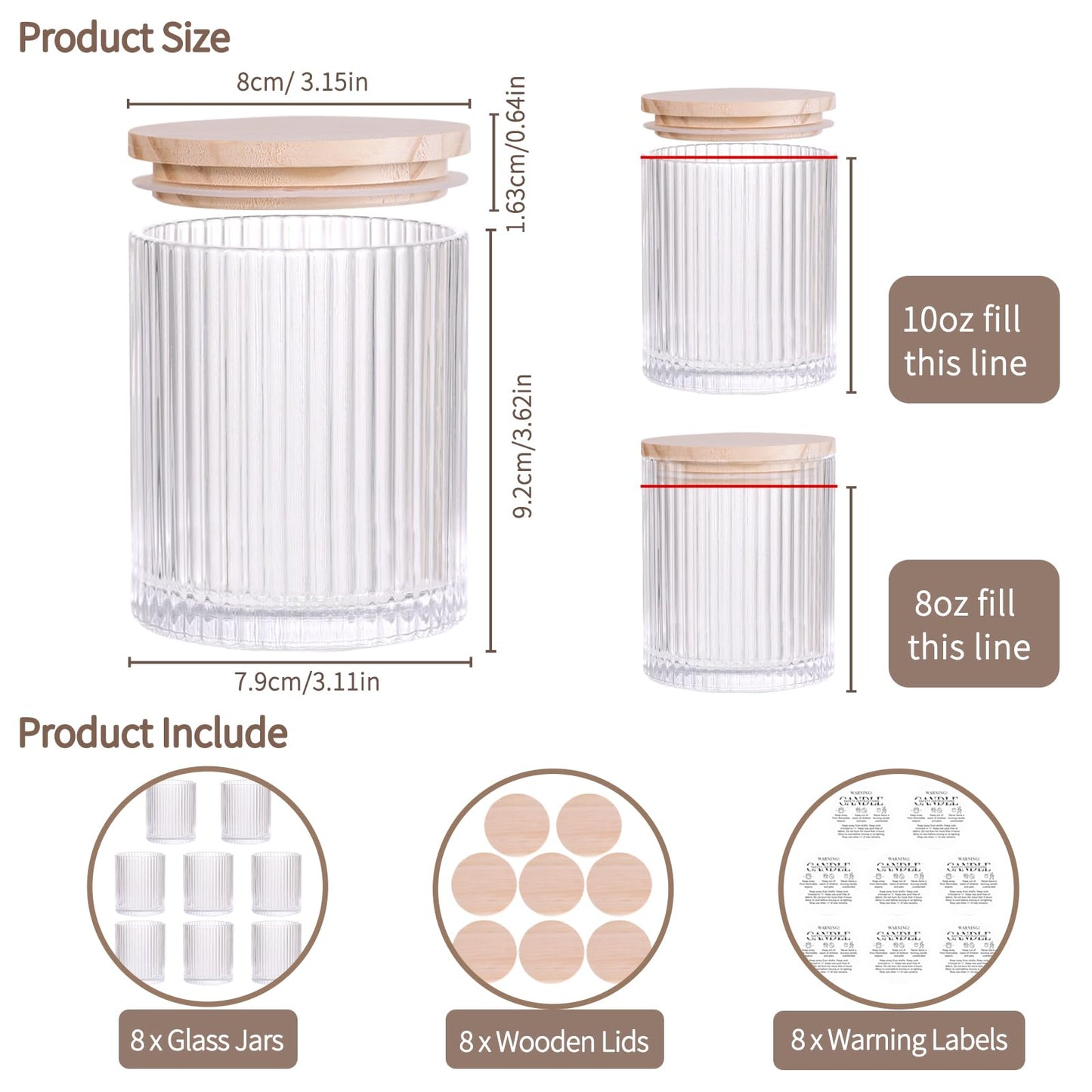 sunnyfuture 10 OZ Clear Candle Jars for Making Candles Set of 8, Ribbed Glass Candle Jars with Wood Lids and Labels, Candle Containers for DIY, Gifts, Home Decoration