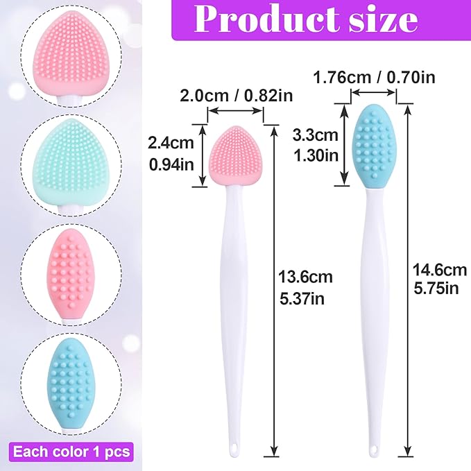 4pcs Lip Scrub Brush, Silicone Heart Lip Exfoliator Brushes Scrubber Tool, Double-Sided Oval Lip Cleaning Exfoliating Remove Dead Skin Tool for Men Women Dark Lips- Pink & Green & Blue