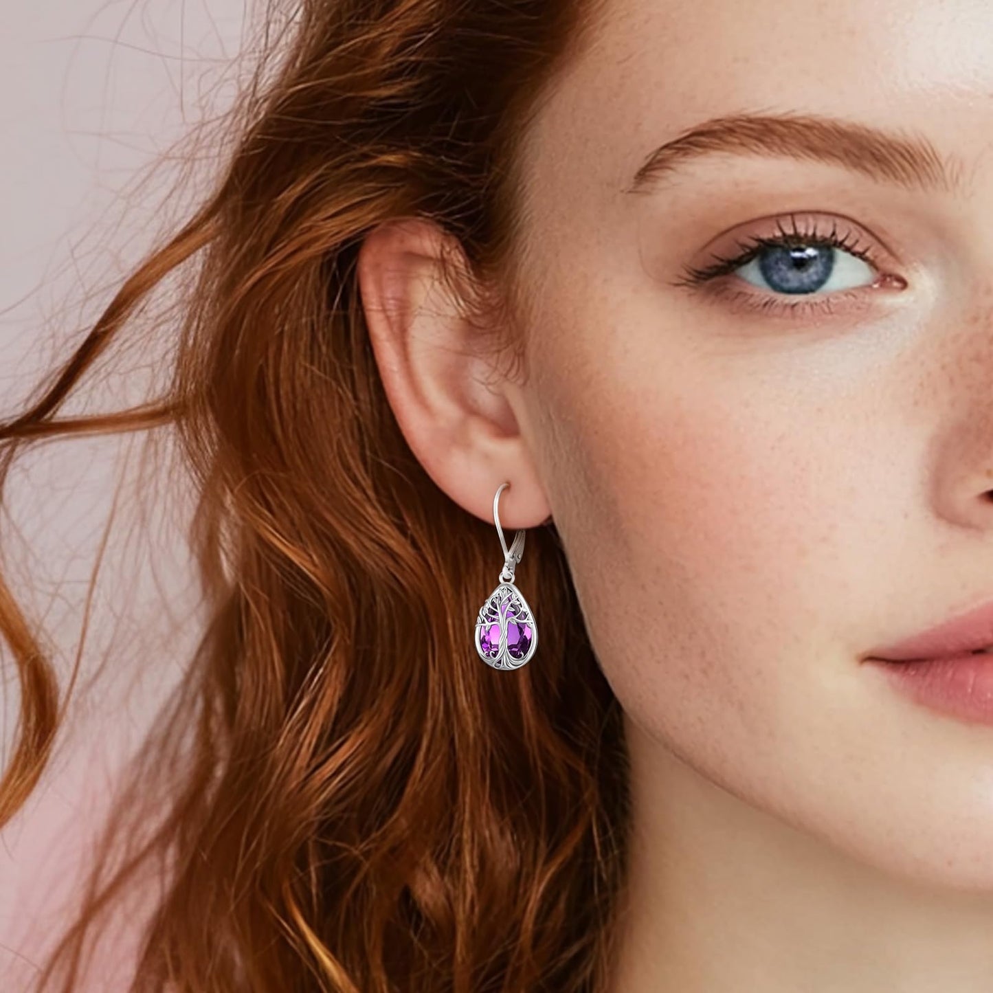 Eusense Tree of Life Earrings Sterling Silver Birthstone Teardrop Dangle Amethyst Earrings for Women Leverback Tree of Life Jewelry