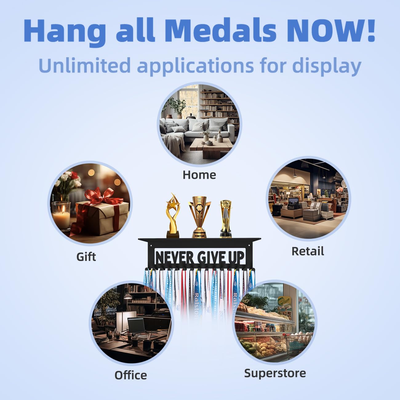 Dafftos Medal Trophy Shelf Hanger Display with Hooks for Medals Race Ribbon Holder Organizer Award Bib Rack Hanging Storage Award Holders Metal Never Give UP