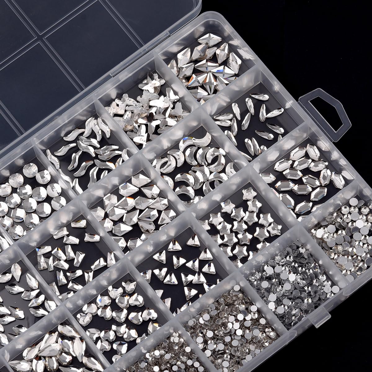 TEEKME 24-Grid Glass Nail Rhinestones Kit for Nail Art & Salon, 2800+pcs Clear Flat Back Crystals, 18 Shapes & 6 Sizes Diamonds for DIY, Acrylic & Gel Nails, with Tweezers