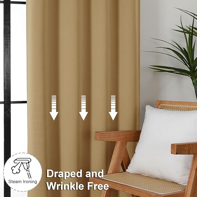 Simplebrand Ava Gold Blackout Curtains for Bedroom 63 Inch Length 2 Panels Set, Solid Thermal Insulated Energy Saving Rod Pocket Window Treatment Curtains Blackout Drapes, W40 x L63 Inch, Gold