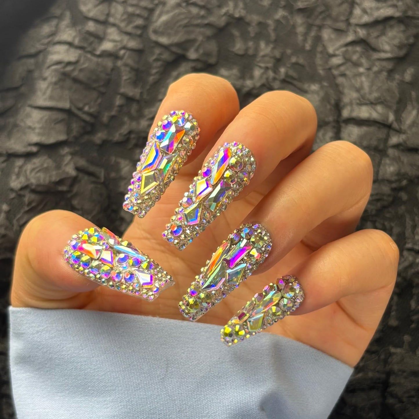 AKA Unicorn Trendy Handmade Press On Nails Long Square Shape,10Pcs Crystal AB Diamonds Acrylic Fake Nails with 3D Rhine Stone Luxury Design Stick On Nail for Woman Gift