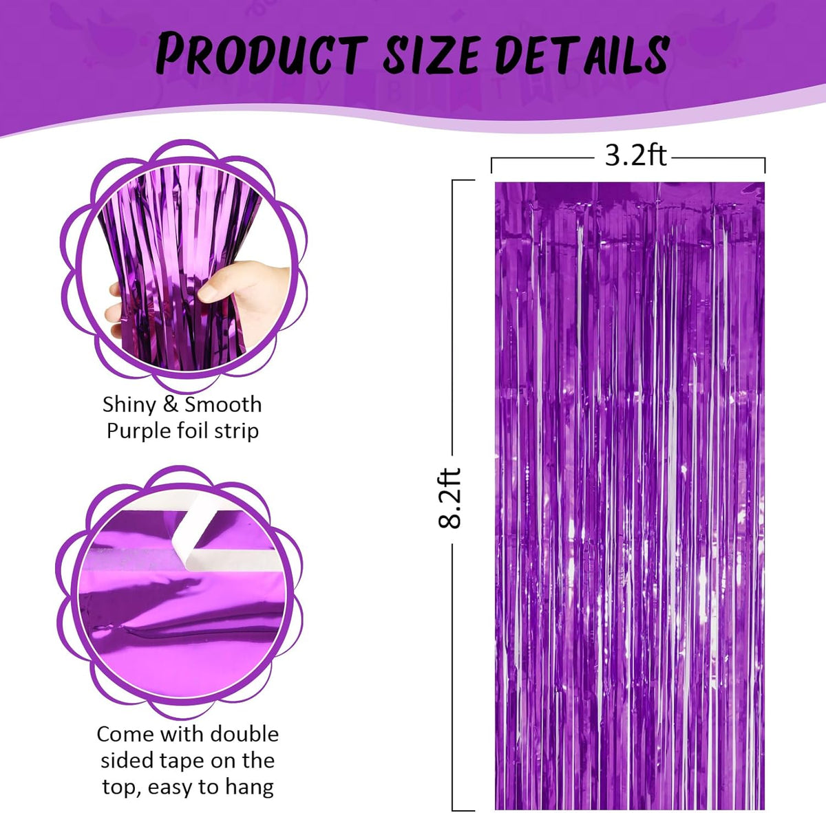 Accevo 3Pack Purple Party Streamers 3.2ft x 8.2ft Foil Fringe Curtain Metallic Streamer Curtains Mermaid Themed Birthday Party Decorations Tinsel Curtain for Parties Streamers for Photoshoot Decor