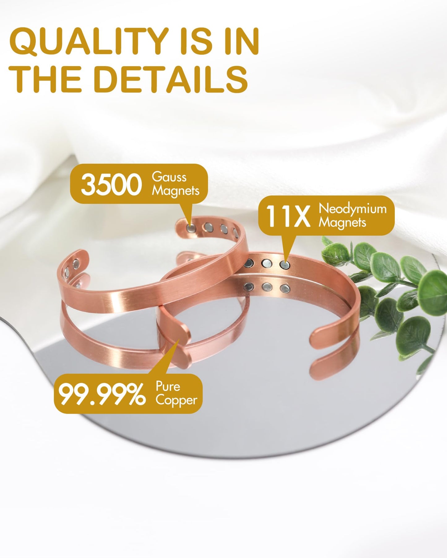 Feraco Copper Magnetic Bracelet for Men Women, 99.99% Pure Copper Cuff Bangle with 11X Effective Neodymium Magnets, Adjustable Jewelry Gifts (Set of 2)