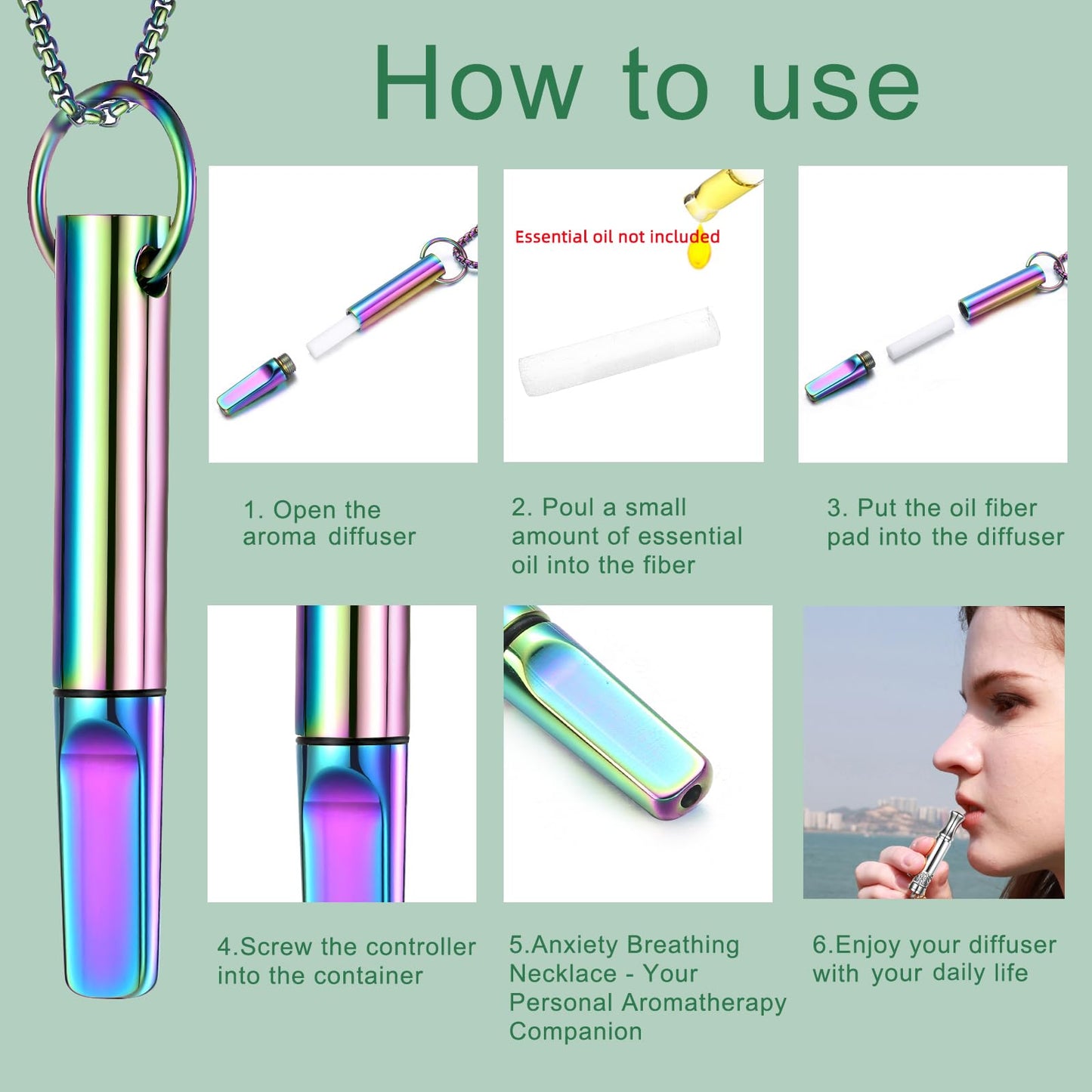 hooppoo Quit Smoking Necklace, Anxiety Relief Breathing Inhaler with Essential Oil Pad - Aromatherapy Diffuser Pendant for Smokers, Stainless Steel Necklace for Women & Men (Rainbow)