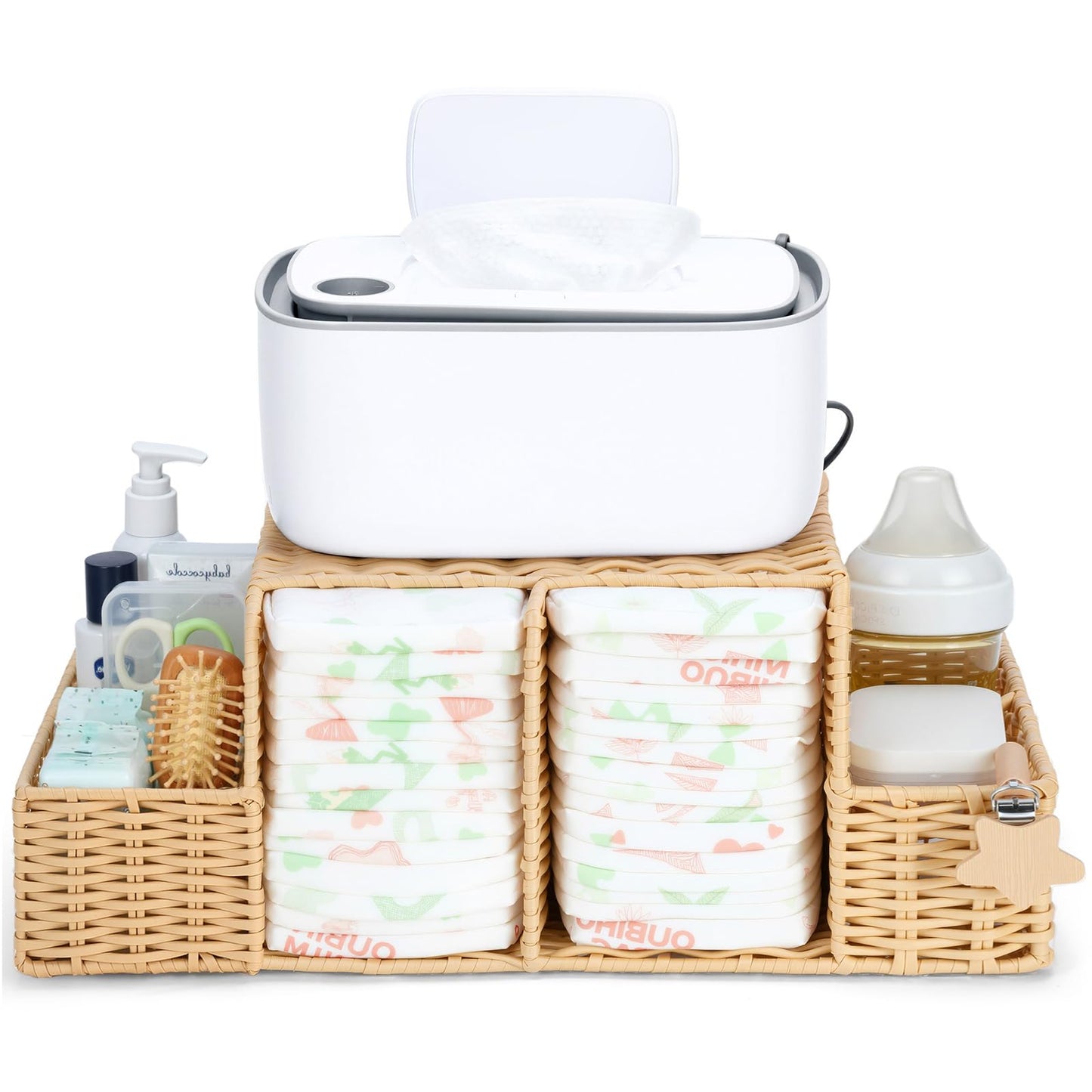 Klippehop Diaper Caddy Organizer, Hand Rattan Nursery Storage Basket for Baby Essentials, Baby Changing Table Organizer Perfect Nursery Assistant (Hollow PE Rattan - Style 2, L)