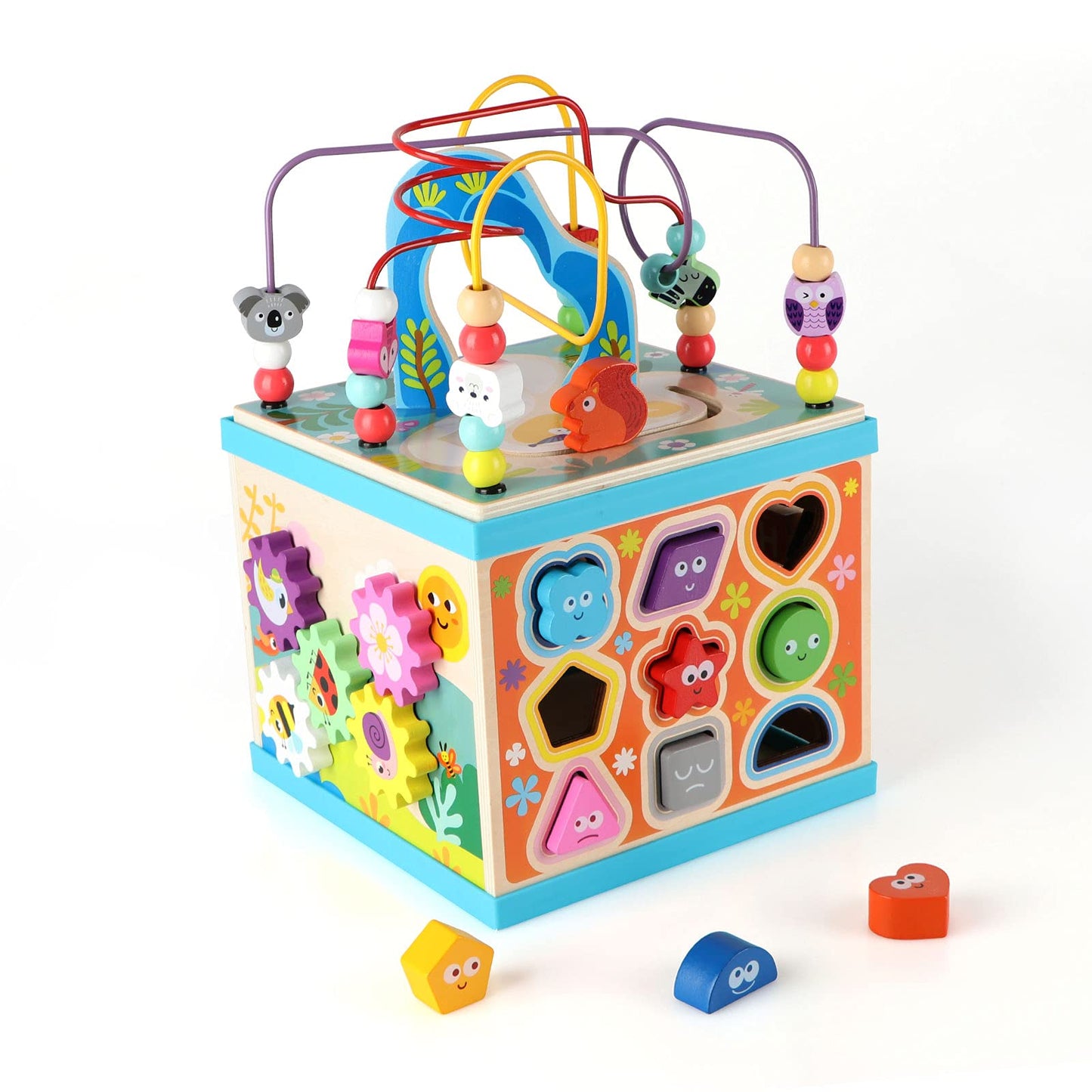 Qilay Wooden Activity Cube for Toddlers (Large), 5 in 1 Multipurpose ABC-123 Abacus Bead Maze Shape Sorter | Early Educational Toy for Toddlers - First Birthday Present for Boys Girls