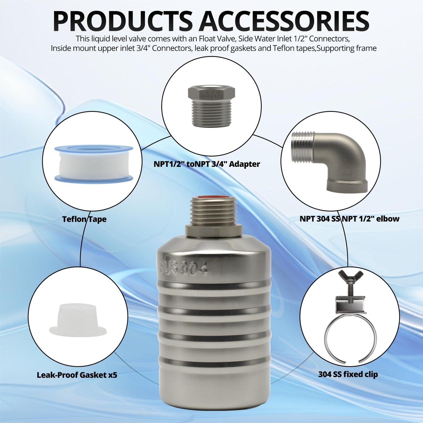 HXH 1 Pack NPT Water Float Valve Kit, 1/2" to 3/4'' Auto Shut off Water Level Control Float Valve, 304 Stainless Steel Fully Automatic water shut off valve for Pool, Livestock Troughs.