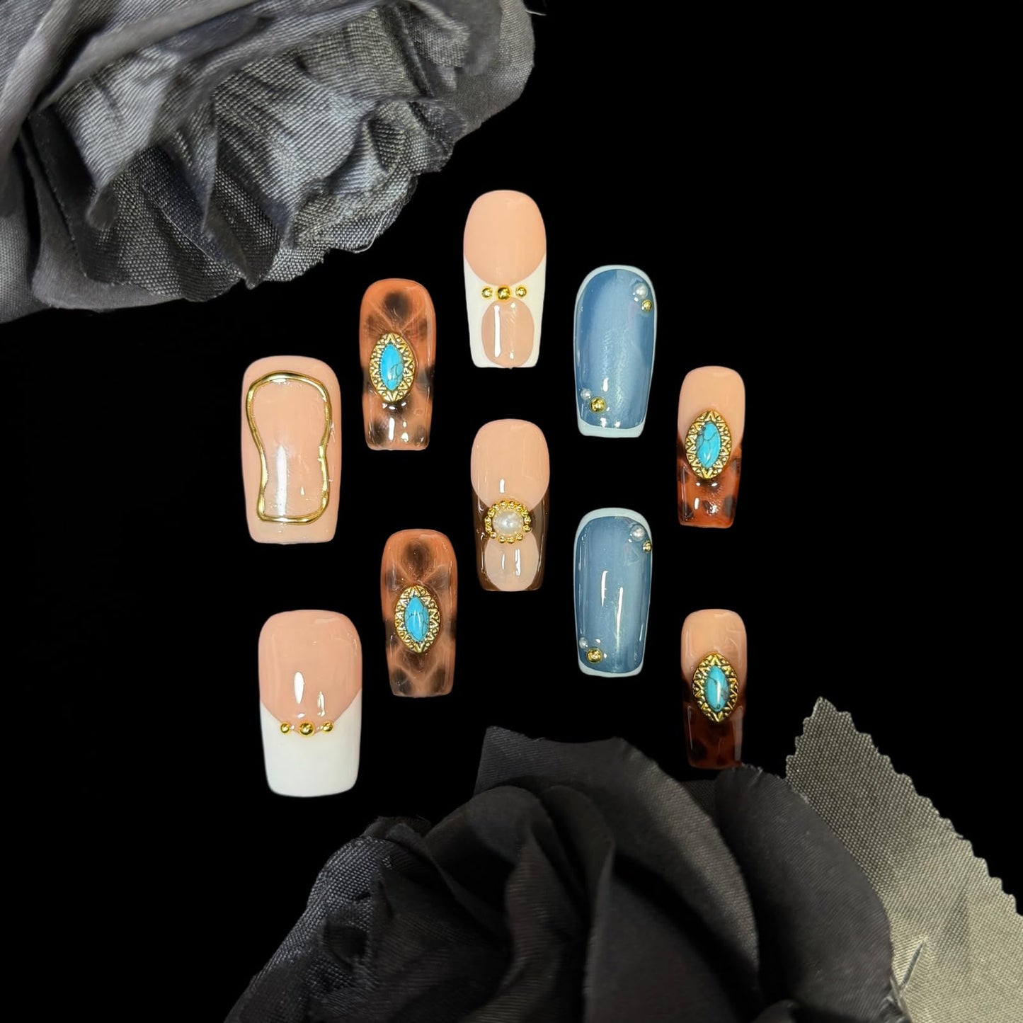 Handmade Press on Nails - Turquoise & White French Tip Short/Medium Square Shape, Amber Print Acrylic Reusable False Nails with Pearl Accents (Turquoise, M)