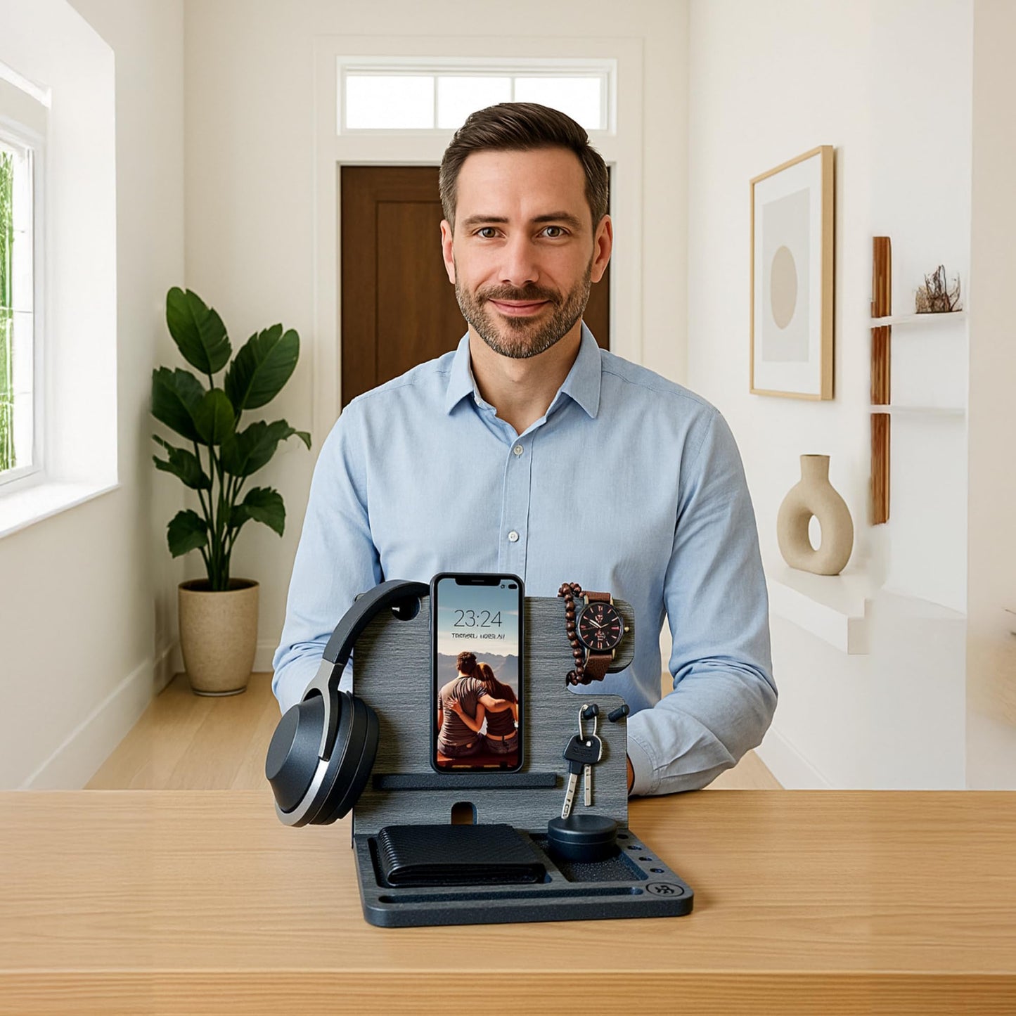 Namore Wood Phone Docking Station for Men – Nightstand & Desk Organizer with Valet Tray for Wallet, Watch & Keys – Bedside Organizer Gift for Husband or Dad