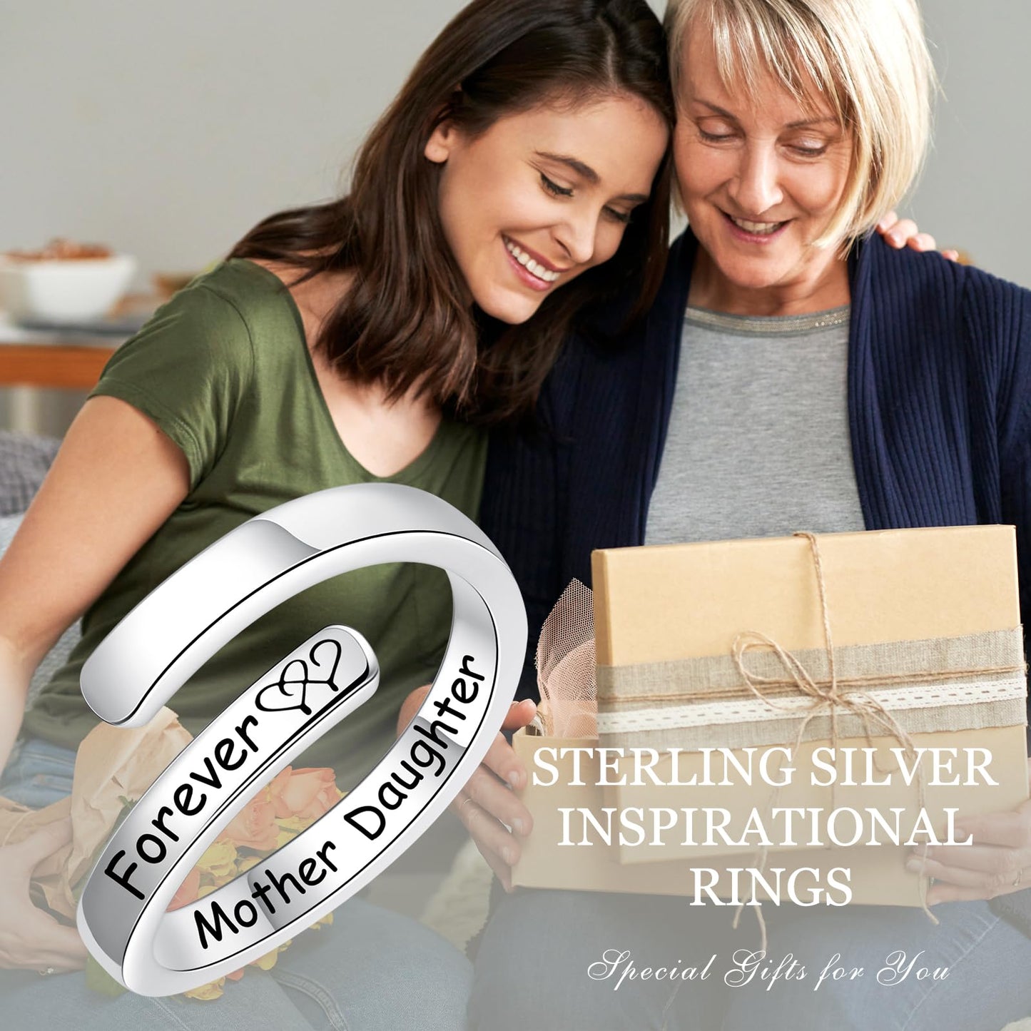 Silver Adjustable Ring Inspirational Jewelry S925 Sterling Wrap Open Ring for Women(Mother Daughter Forever)