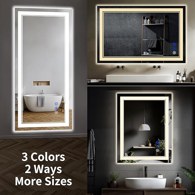 48"x24" LED Bathroom Mirror with Anti-Fog, Stepless Dimmable Lights, 3 Color Modes, Shatter-Proof Tempered Glass, Memory Function & Waterproof Design