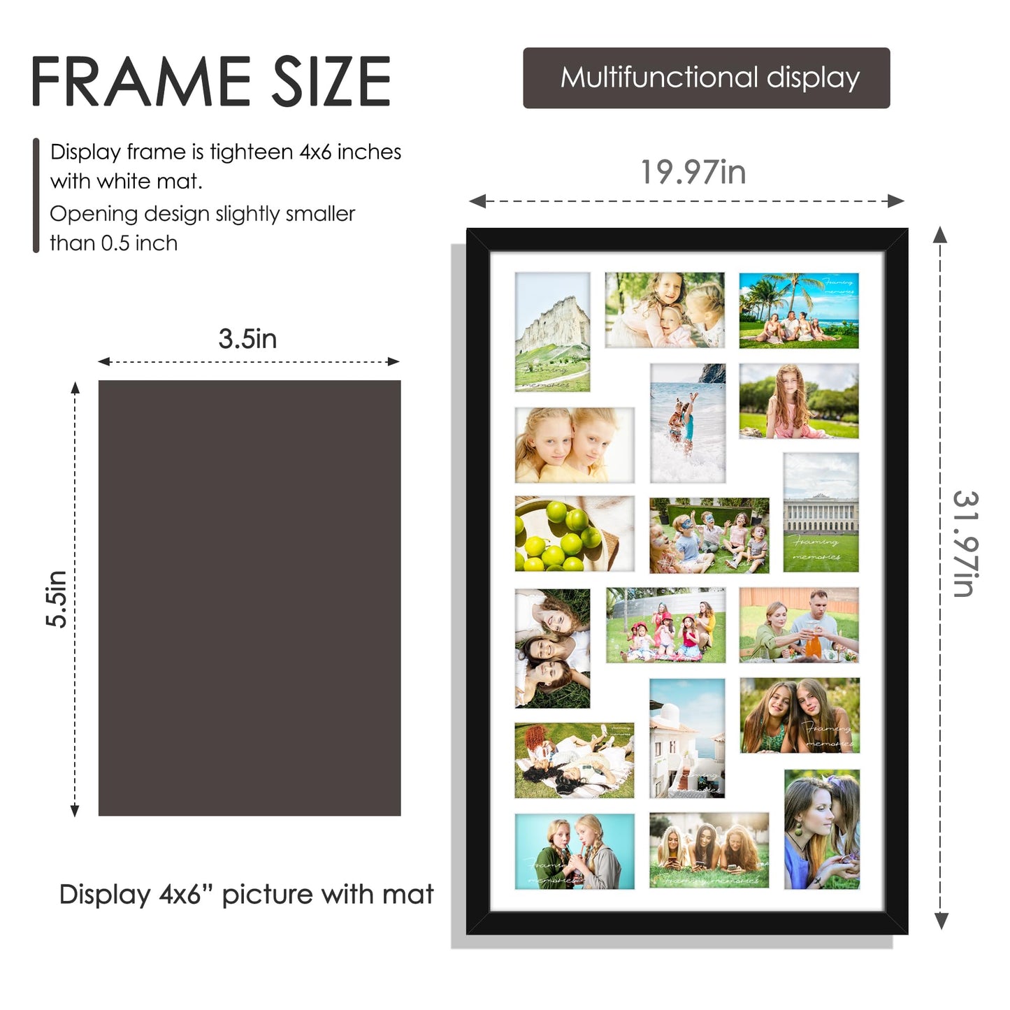 DUENPY 18x30 Picture Frame 4x6 Collage Picture Frame Displays Eighteen 4x6 inch Photos Collage Wall Decor Wall Hanging Black